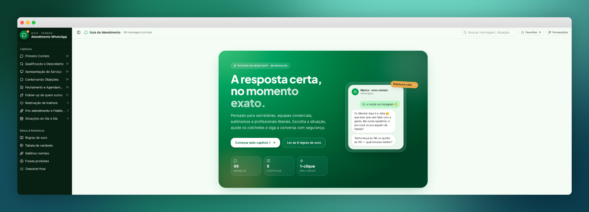 Painel do Guia de Atendimento WhatsApp com 99 mensagens prontas organizadas por capítulo